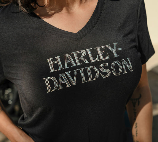 Harley-Davidson® Women's Willie G Skull Bling V-Neck Harley Black