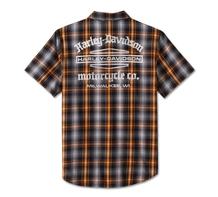 Men's Staple Short Sleeve Shirt - Black/ orange / woven plaid