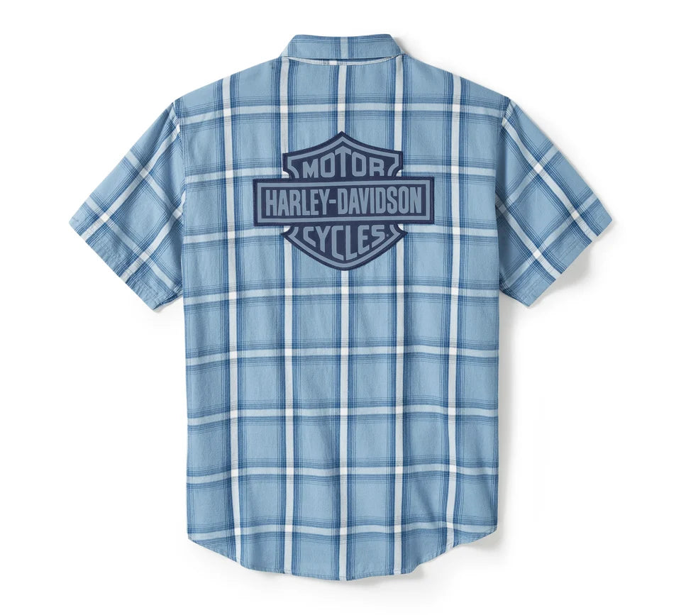 Men's Harley-Davidson®   Bar & Shield Staple Short Sleeve Shirt Plaid-Faded Denim & Cloud Dancer