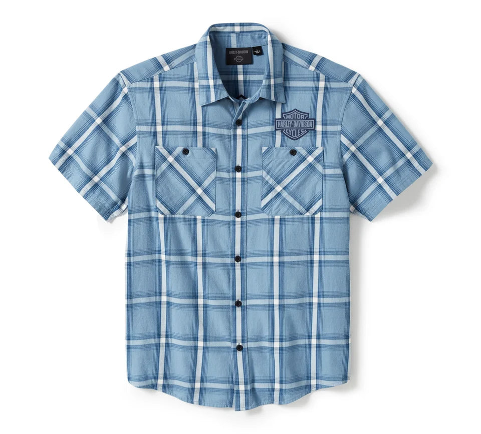 Men's Harley-Davidson®   Bar & Shield Staple Short Sleeve Shirt Plaid-Faded Denim & Cloud Dancer