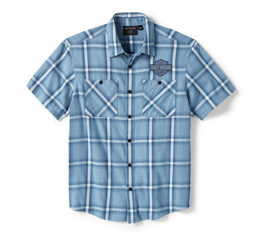Men's Harley-Davidson®   Bar & Shield Staple Short Sleeve Shirt Plaid-Faded Denim & Cloud Dancer