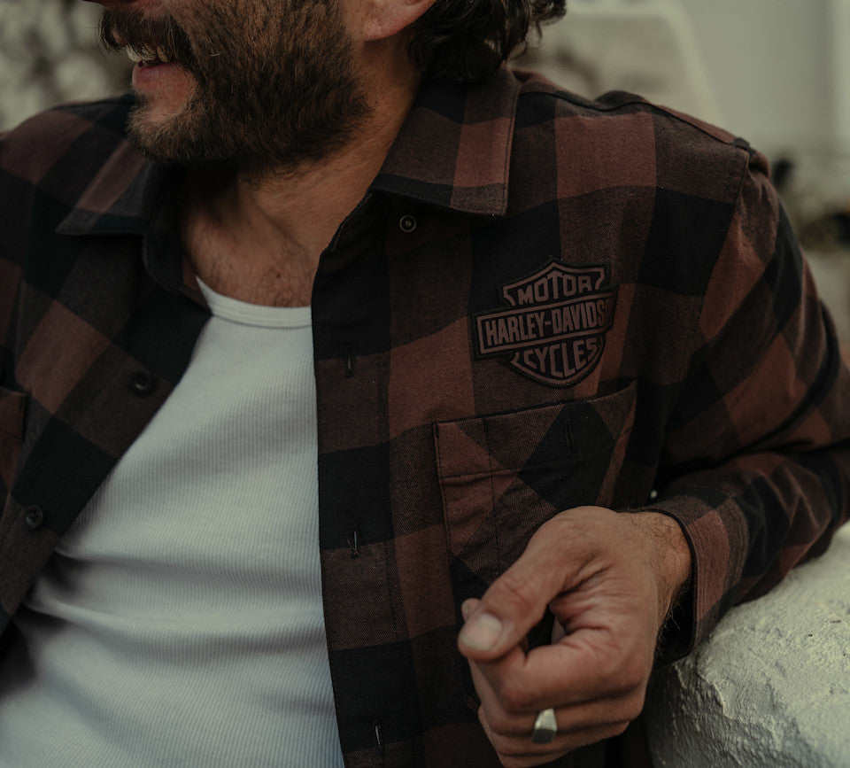 Harley-Davidson® Men's Bar & Shield Buffalo Check Flannel -Plaid-Harley Black & Coffee