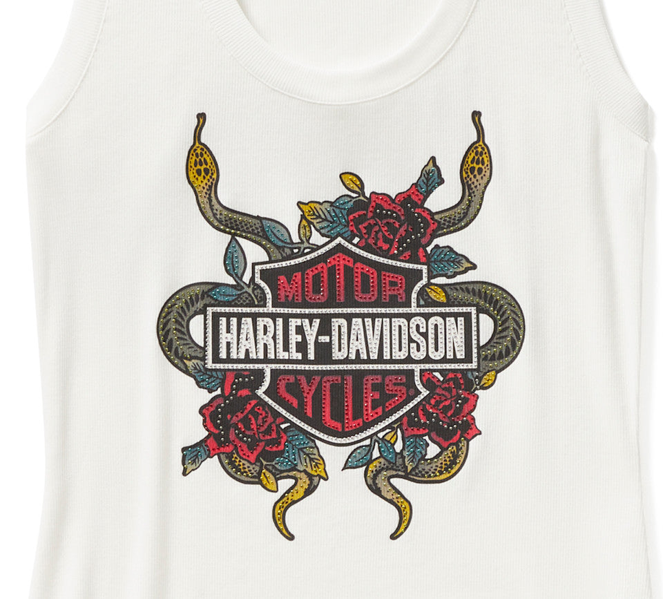 Women's Serpent Rose Bling Ribbed Tank Cloud Dancer