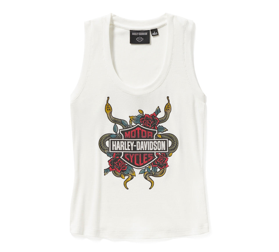 Women's Serpent Rose Bling Ribbed Tank Cloud Dancer