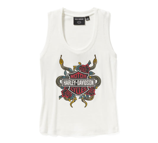 Women's Serpent Rose Bling Ribbed Tank Cloud Dancer