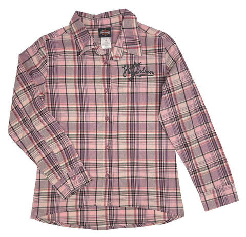 Harley-Davidson® Girls Brushed Long Sleeve Button Plaid Shirt - Pink