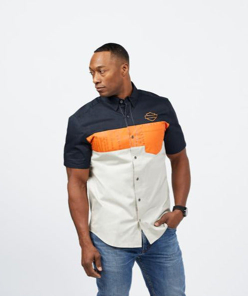 Harley-Davidson® Men's Colorblock Pocket Logo Short Sleeve Shirt - Grey & Black